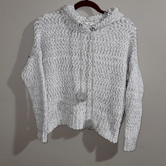 YET AGAIN White & Gray Soft Knit Hooded Pullover Pom Pom Sweatshirt - SIZE SMALL - Picture 3 of 10